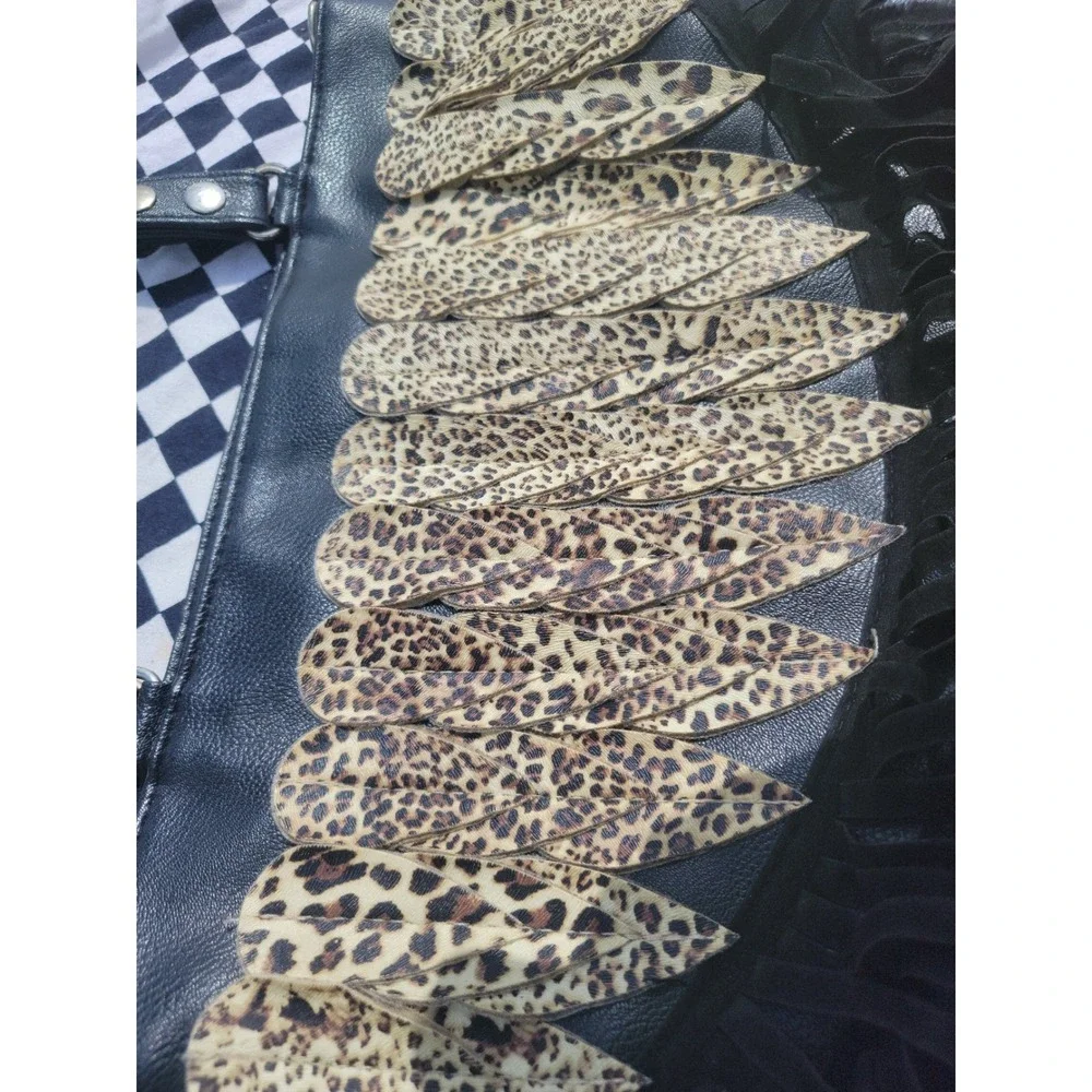 Black‎ Leopard Feather Fringe Hobo Shoulder Bag Boho Faux Leather Tote